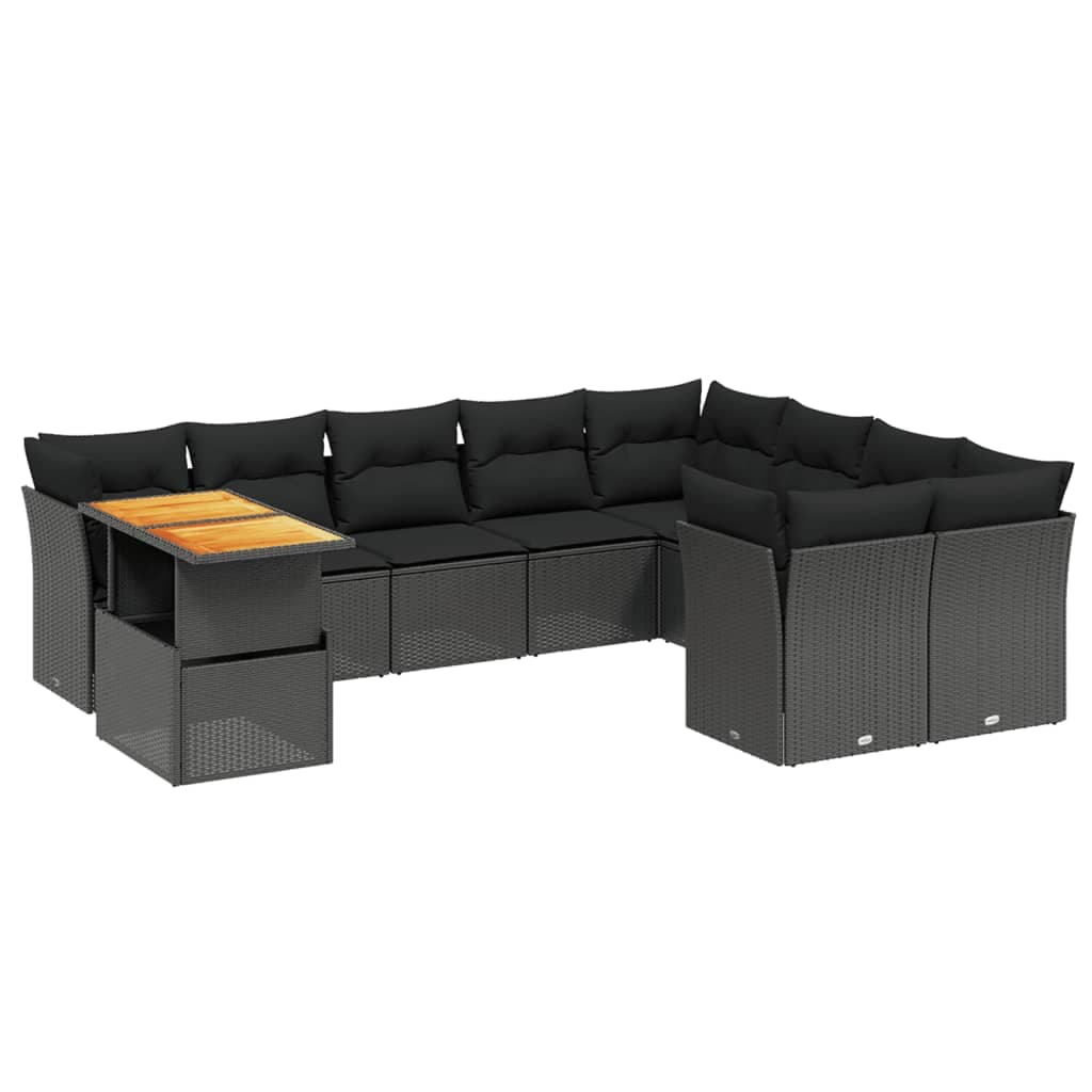 vidaXL 10 pcs conjunto sofás de jardim c/ almofadões vime PE preto
