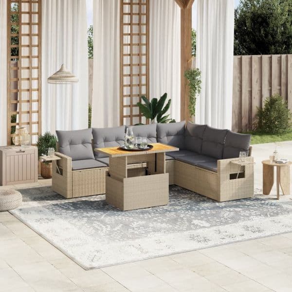 vidaXL 7 Peças Conjunto de Sofás para Jardim com Almofadões Vime Pe Bege - 3342097692