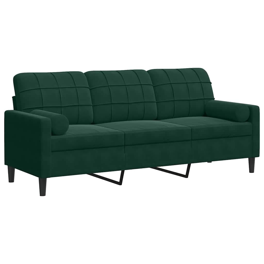Sofá vidaXL 3 Lug. com Almofadas Decorativas 180 cm Veludo Verde-escuro - 915764309