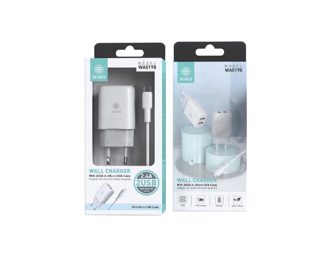 CARREGADOR IKREA FAST CHARGE COM 2 USB E CABO MICRO-USB 2.4A