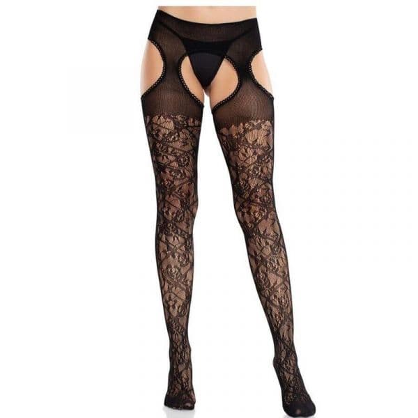 Leg Avenue Meias de Renda Floral com Ligas United Black Tamanho Único