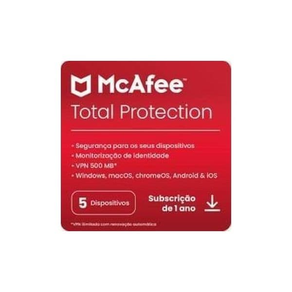 Mcafee Software Total Protection (5 Dispositivos 1 ano PC, Mac, Smartphone e Tablet Formato Digital)