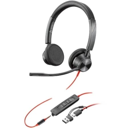 Poly Blackwire 3325 com USB-C, conector 3.5mm e adaptador USB-A