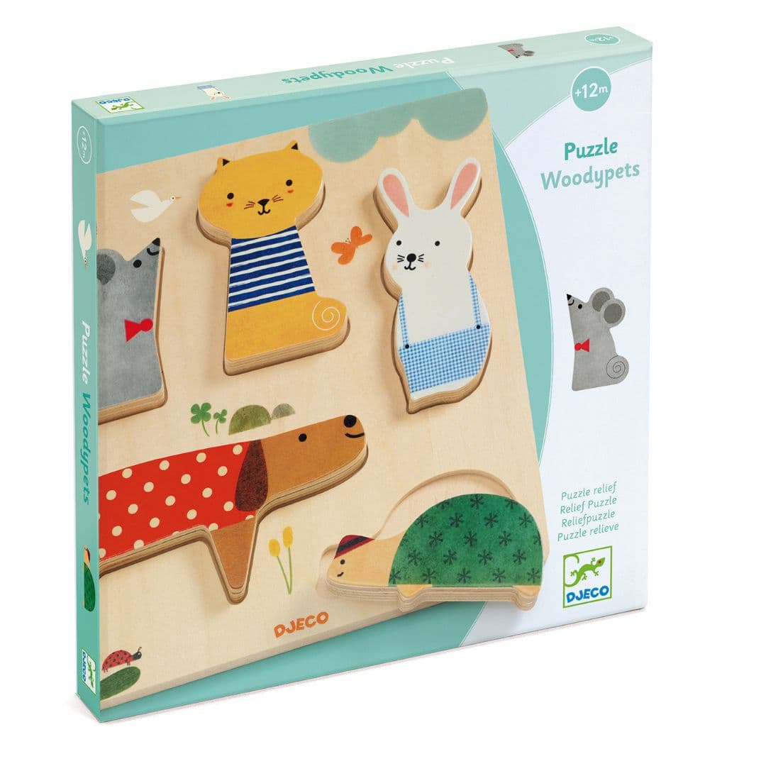 Djeco woodypets – puzzle madeira p/ encaixar e empilhar + 12 meses