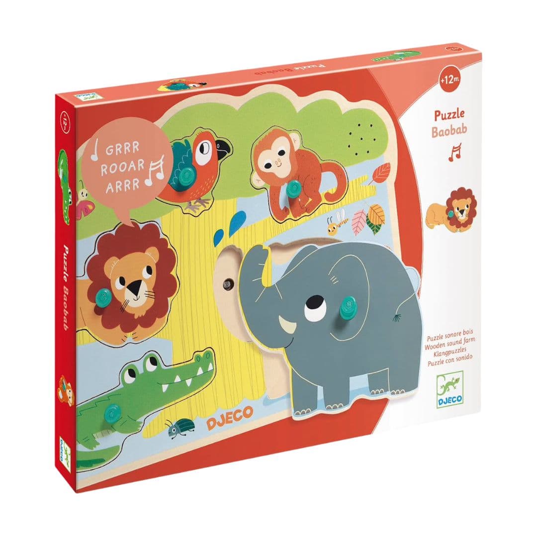 Djeco baobab – puzzle sonoro de madeira c/ animais + 12 meses