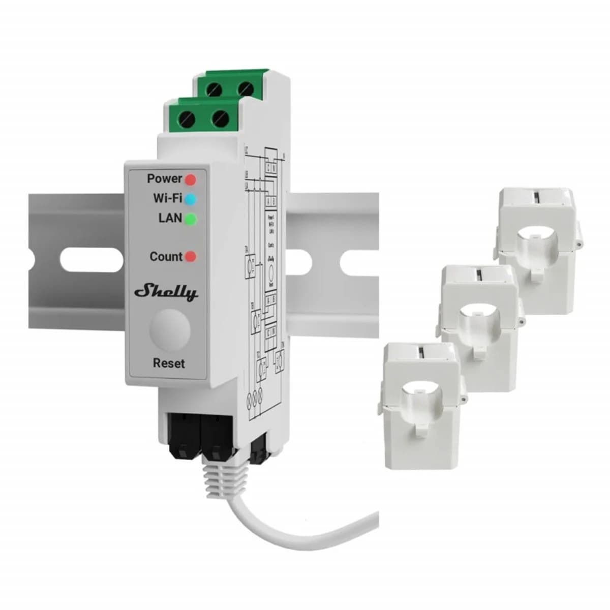 Shelly Pro 3EM Medidor de Energia Calha DIN + 3 Núcleos de 120A