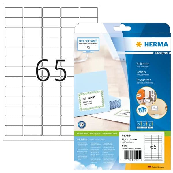 Herma Etiquetas de Endereçamento Premium A4 38,1 x 21,2 mm 1625 unidades Branco 4504