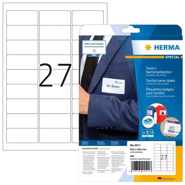 Herma Etiquetas Têxteis A4 63,5x29,6mm Branco 540 Unidades HERMA-4511
