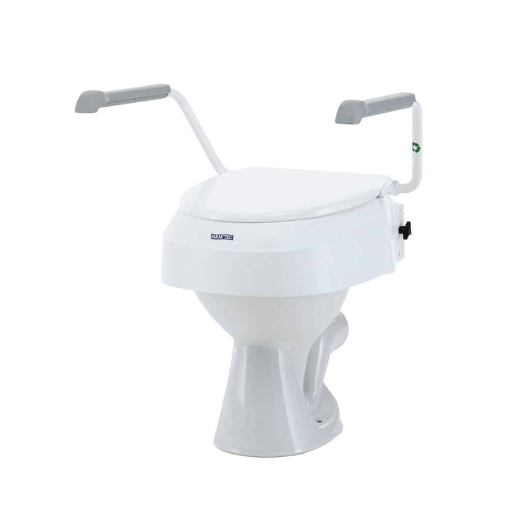 Raised toilet seat with lid and adjustable armrest