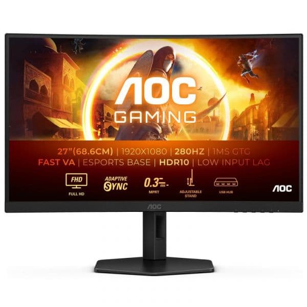 Monitor AOC C27G4ZXU 27" LED Fast VA FullHD 280Hz Curvo com Altifalantes, Altura Ajustável e Adaptive Sync