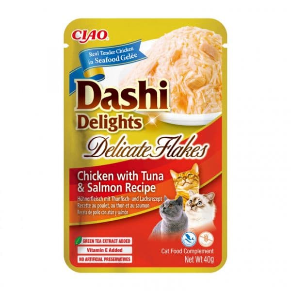 Ração Húmida Inaba Delights Delicate Flakes Frango, Atum e Salmão 40g