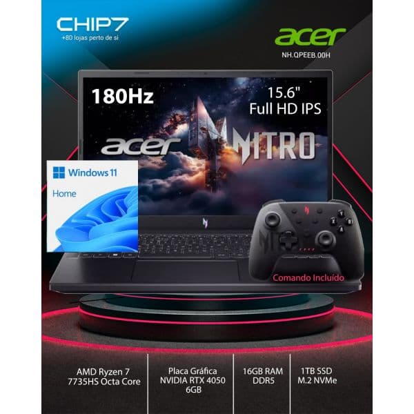 ACER Nitro V15 AMD Ryzen 7 7735HS Nvidia RTX 4050 6GB 16GB DDR5 1TB SSD 15.6" IPS 180Hz Comando W11