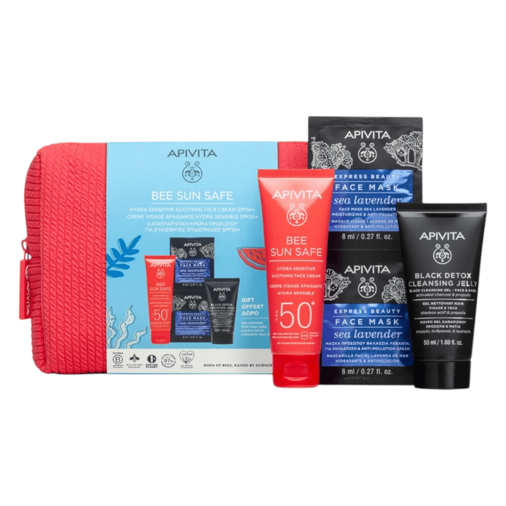 Apivita Bee Sun Cr Hidra SPF50 50ml + Máscara 2x8ml + Gel Limpeza 50ml + Oferta Bolsa Coffret