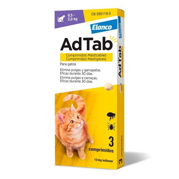 AdTab Comprimido Mastigável contra Pulgas e Carraças para Gatos 12mg 0,5 a 2Kg 3 Comprimidos