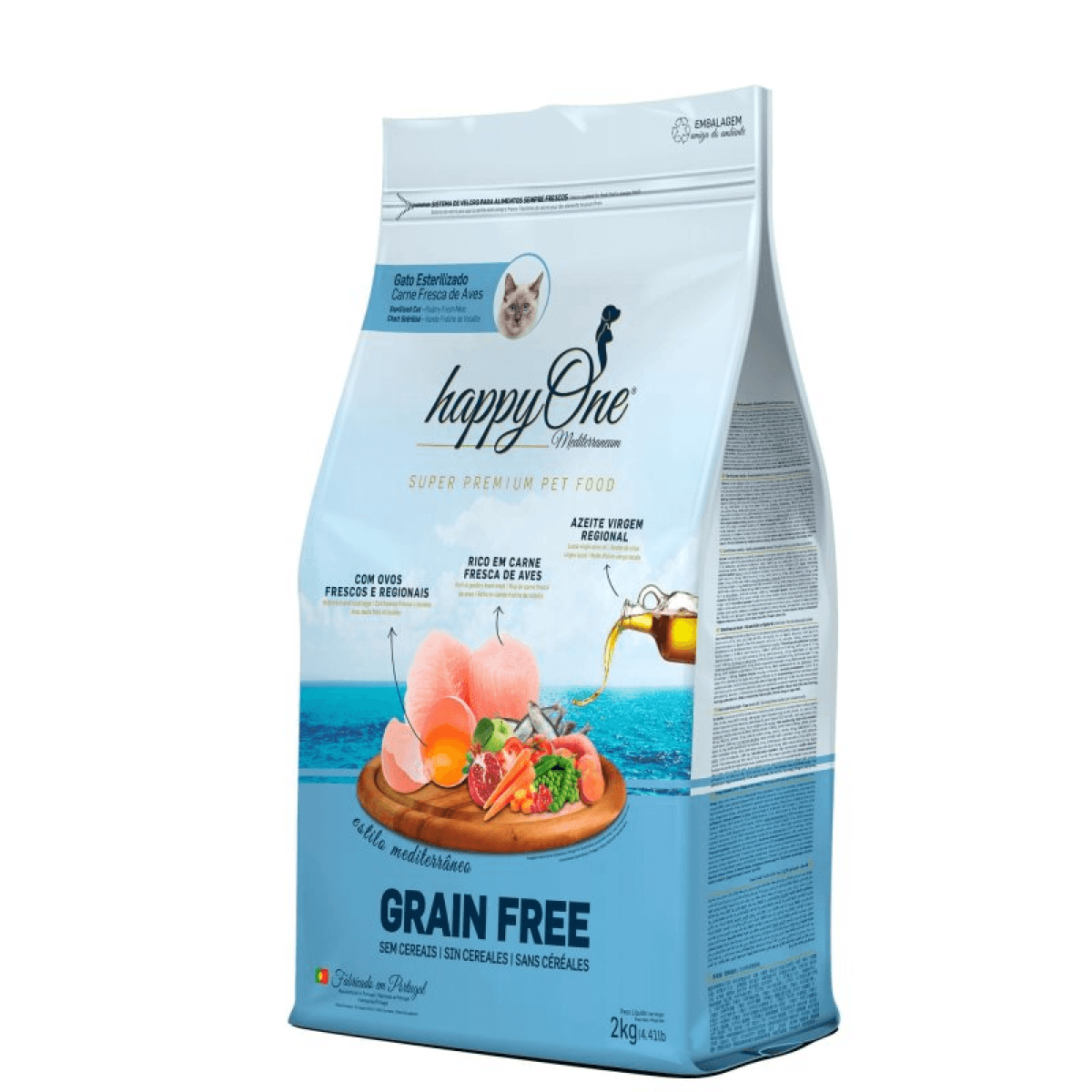 HappyOne Mediterraneum Grain Free Gato Esterilizado com Carne Fresca de Aves 2Kg