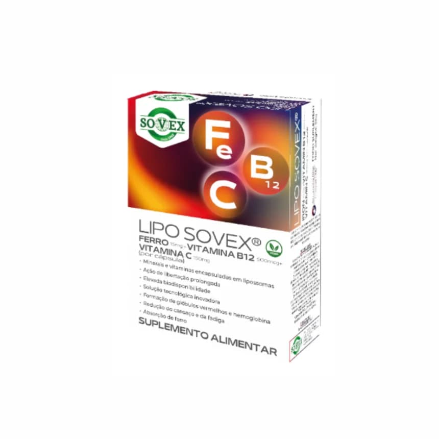 Sovex Lipo Sovex Ferro 15mg + Vitamina B12 500mcg + Vitamina C 150mg 30 Cápsulas