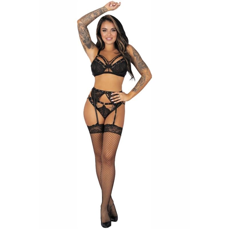 Livco Corsetti Fashion Pojzon Lc 90670 Sujetador + Medias + Liguero + Panty Negro L/XL (D-239197)
