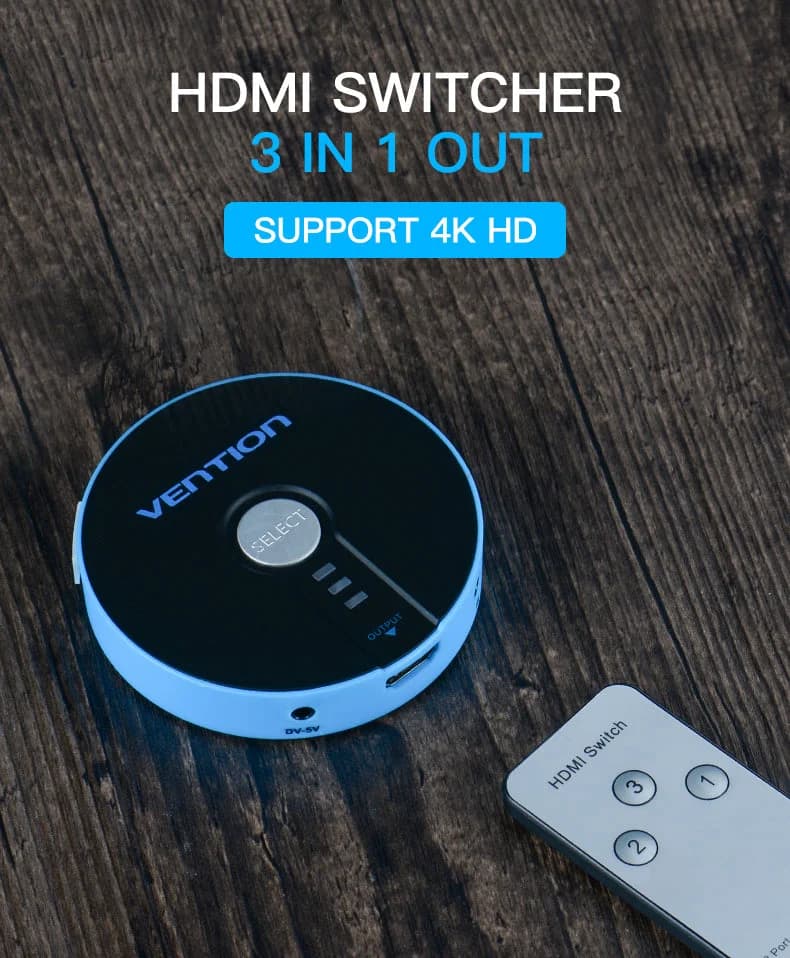 Switch Vention HDMI 3 x 1 HDTV 4k 2K com Áudio e Alimentação Com Comando