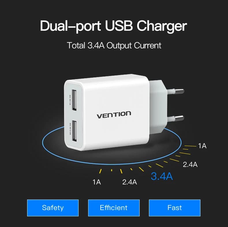Carregador Vention de Viagem com Duplo USB (5v / 1A - 2,4A)