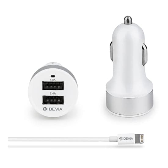 Carregador Isqueiro DEVIA 1x USB 1.0A, 1x USB 2.04A + Cabo Dados Lightning