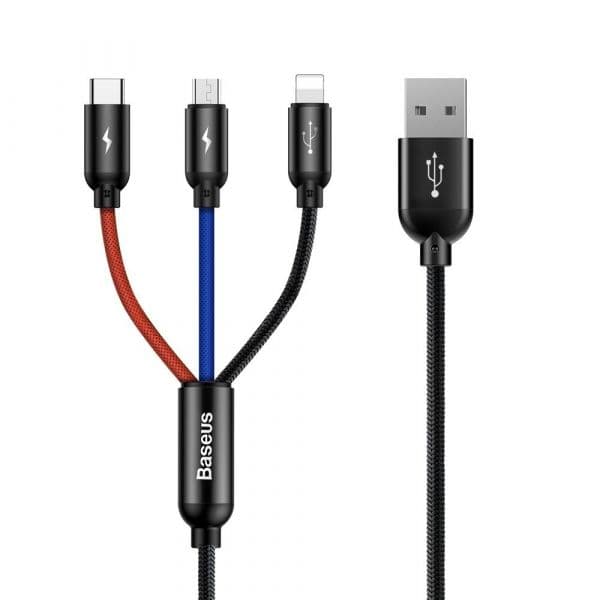 Baseus Cabo Três Cores Primárias usb 3 em 1 Micro usb / Lightning / Usb-c Nylon Trançado 3.5A 1.2M Preto - CAMLT-BSY01