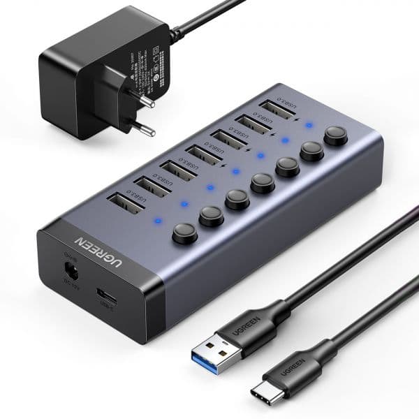 UGREEN Hub USB CM481 7-Port USB 3.0 c/ Adaptador de Corrente Cinza