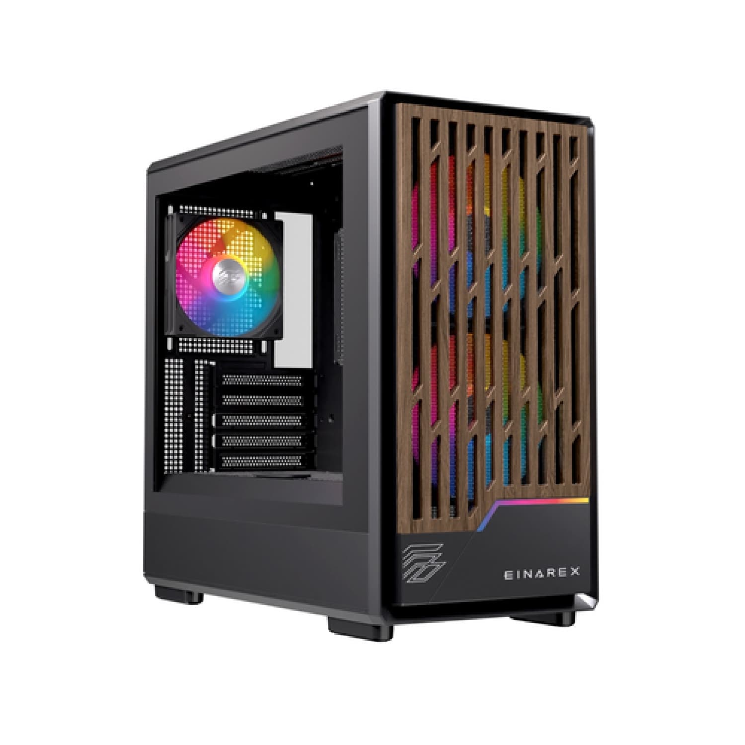 Einarex PULSE PM400 RGB Black Compacta Micro-ATX Vidro Temperado com Frente em Madeira