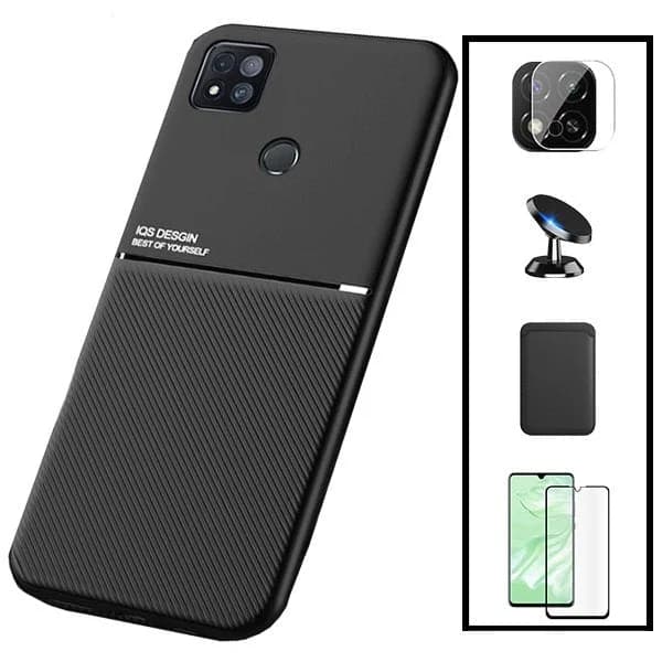 Kit Capa Magnetic Lux + Magnetic Wallet Preto + 5D Full Cover + Película de Câmara Traseira + Suporte Magnético de Carro para Xiaomi Redmi 9 Activ