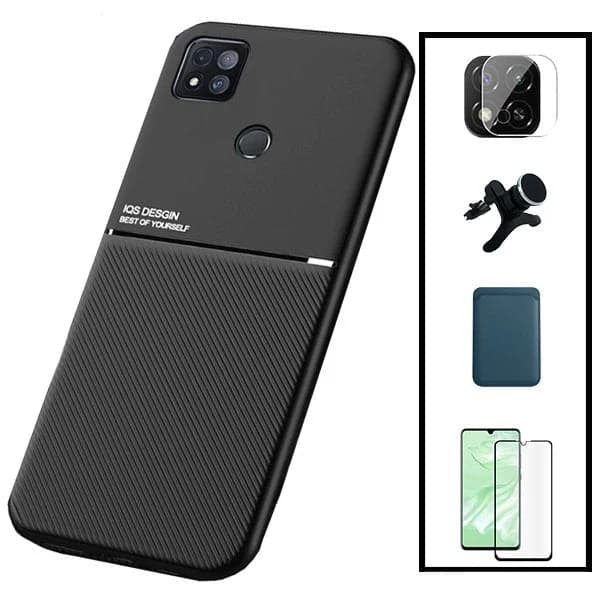 Kit Capa Magnetic Lux + Magnetic Wallet Azul + 5D Full Cover + Película de Câmara Traseira + Suporte Magnético de Carro Reforçado para Xiaomi Redmi 9 Activ