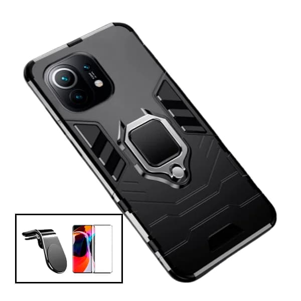 Kit Vidro Premium Full Cover + Capa 3X1 Military Defender + Suporte Magnético L Safe Driving Carro para Xiaomi Mi 11 Lite 5G NE