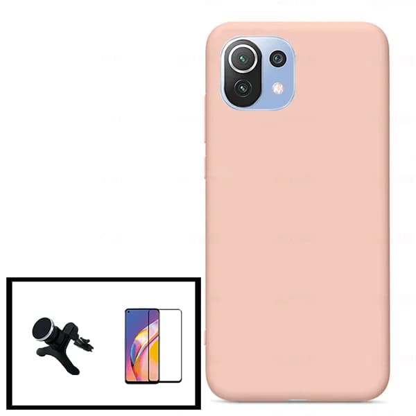 Kit Vidro Premium Full Cover + Capa Silicone Líquido + Suporte Magnético de Carro Reforçado para Xiaomi Mi 11 Lite 5G NE - Rosa