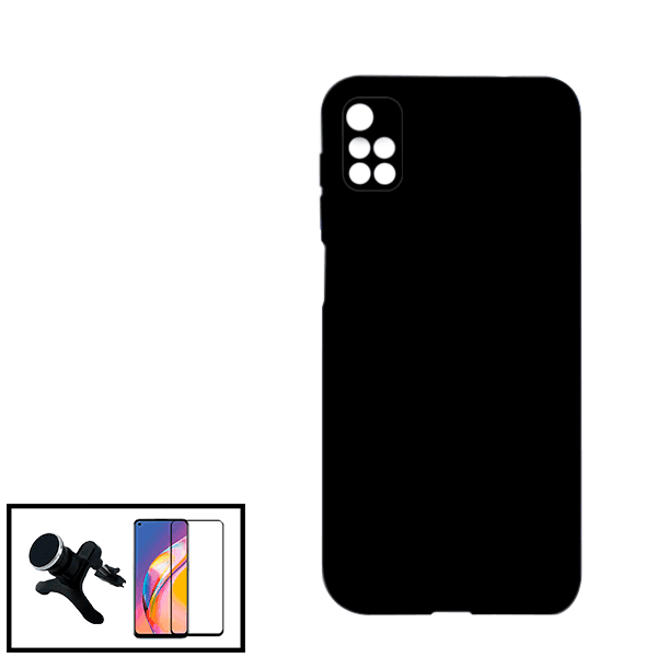 Kit Vidro Premium Full Cover + Capa Silicone Líquido + Suporte Magnético de Carro Reforçado para Xiaomi Redmi 10 - Preto