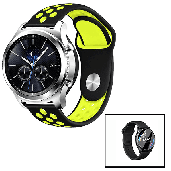Kit Bracelete SportyStyle + Película de Hydrogel para Amazfit GTR 3 - 47mm - Preto / Verde Fluorescente