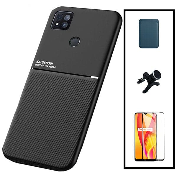 Kit Capa Magnetic Lux + Magnetic Wallet Azul + 5D Full Cover + Suporte Magnético de Carro Reforçado para Xiaomi Poco C31