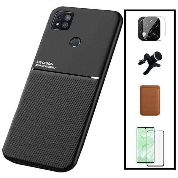 Kit Capa Magnetic Lux + Magnetic Wallet Castanho + 5D Full Cover + Película de Câmara Traseira + Suporte Magnético de Carro Reforçado para Xiaomi Poco C31