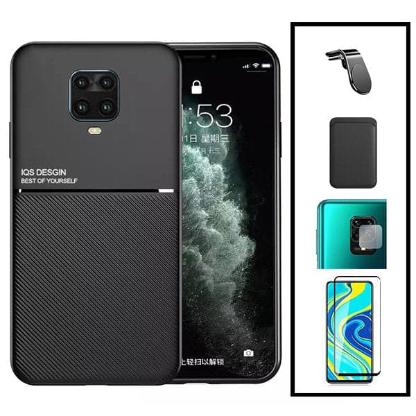 Kit Capa Magnetic Lux + Magnetic Wallet Preto + 5D Full Cover + Película de Câmara Traseira + Suporte Magnético L Safe Driving para Xiaomi Redmi Note 10 Lite