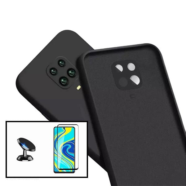 Kit Vidro Premium Full Cover + Capa Silicone Líquido + Suporte Magnético de Carro para Xiaomi Redmi Note 10 Lite - Preto