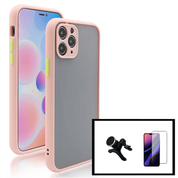 Kit Capa Anti Choque Camera Protection + Película 5D Full Cover + Suporte Magnético Reforçado de Carro para Apple iPhone 13 - Rosa