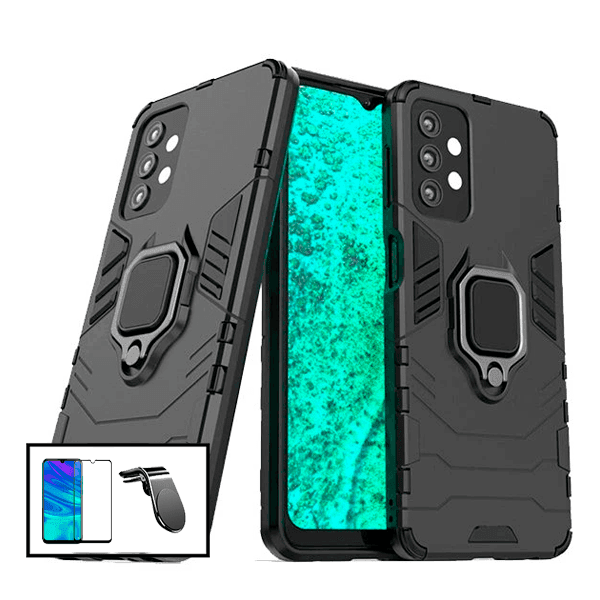 Kit Película de Vidro Temperado 5D Full Cover + Capa 3X1 Military Defender + Suporte Magnético L Safe Driving Carro para Samsung Galaxy A52