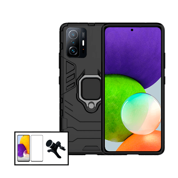 Kit Vidro Premium Full Cover + Capa 3X1 Military Defender + Suporte Magnético de Carro Reforçado para Xiaomi 11T Pro