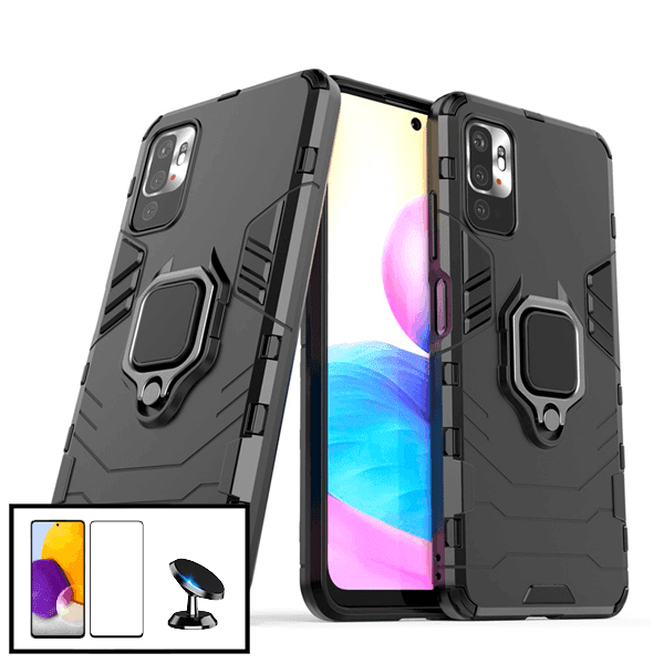 Kit Vidro Premium Full Cover + Capa 3X1 Military Defender + Suporte Magnético de Carro para Xiaomi Redmi 10 Prime