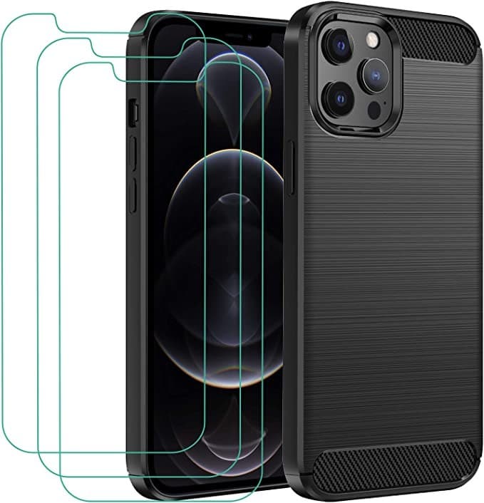 Capa Silicone Carbon iPhone 14 Pro Max com 3 películas vidro temperado