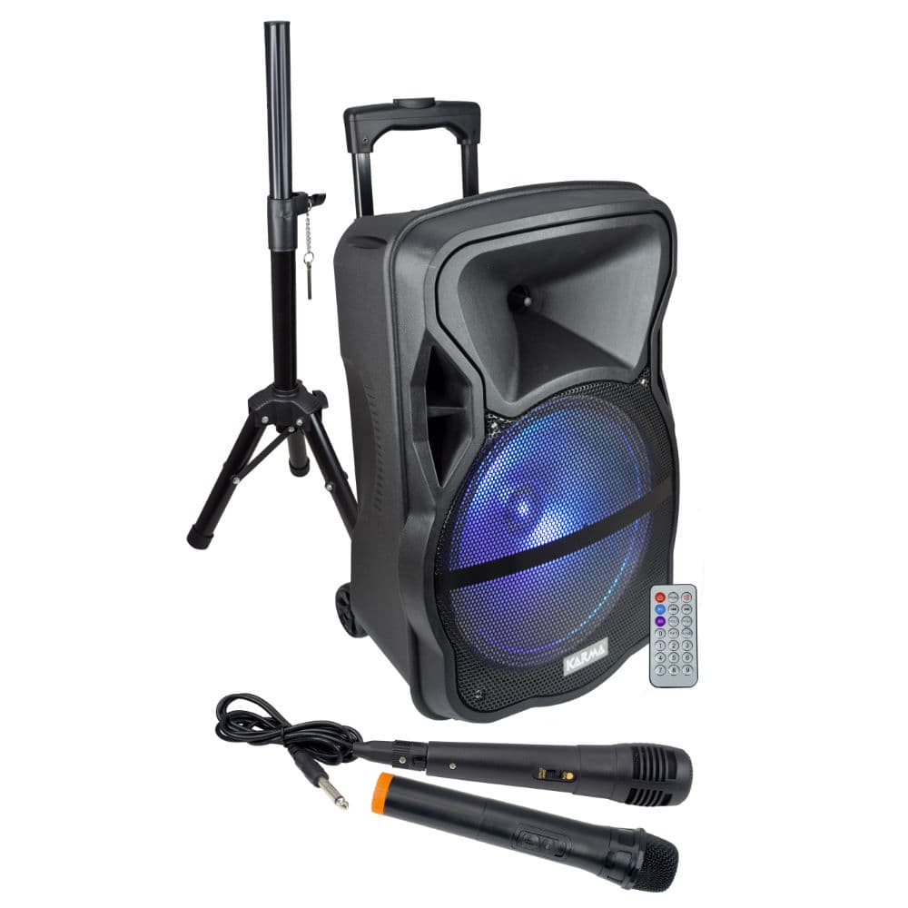 Coluna Portátil 12″ 120W com USB, Bluetooth, 2 Micros e Suporte