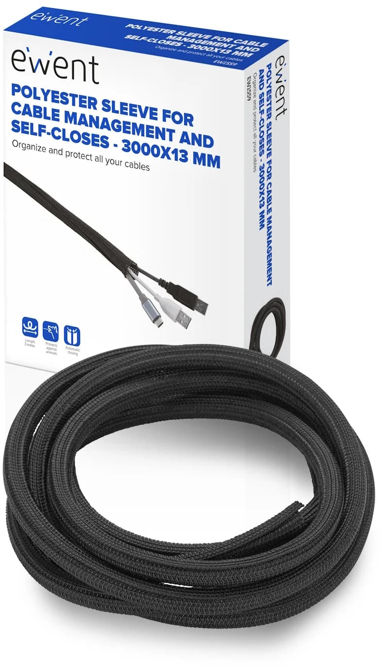 Manga Flexível Ewent EW1559 p/ Organizar Cabos com Fecho 3000x13mm Preta