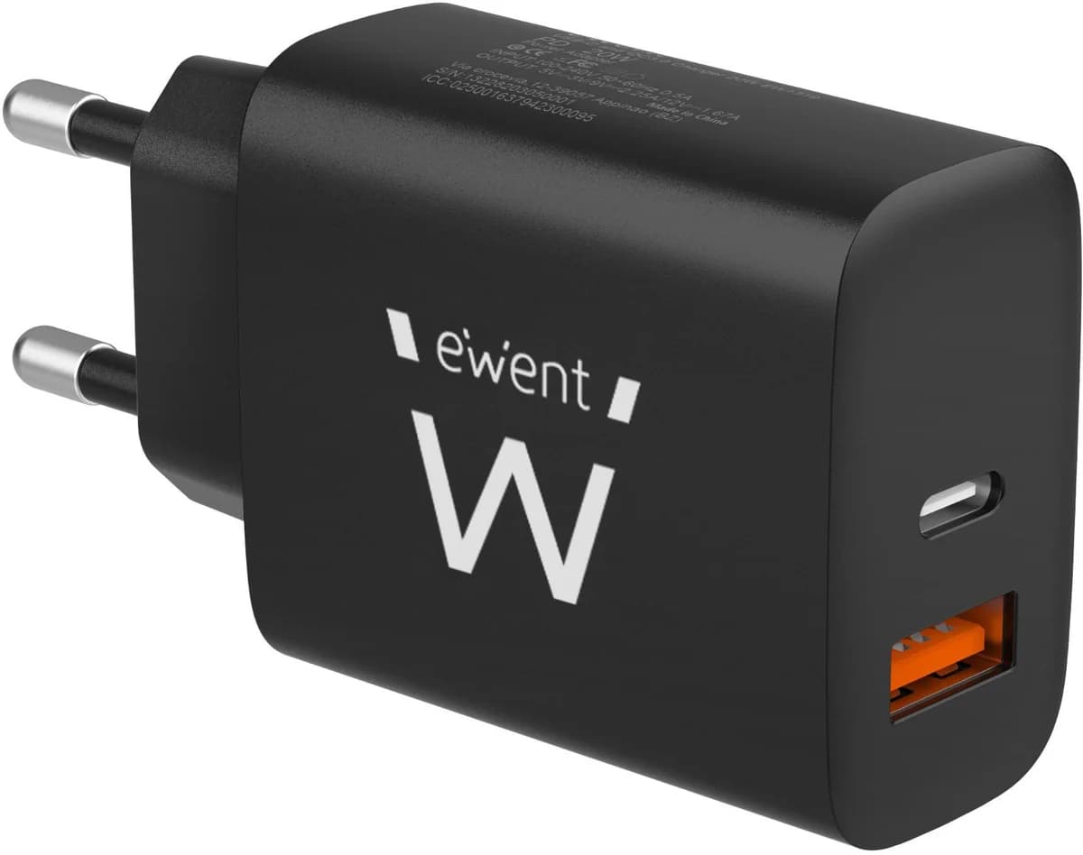 Ewent Carregador USB-A + USB-C 20W Black