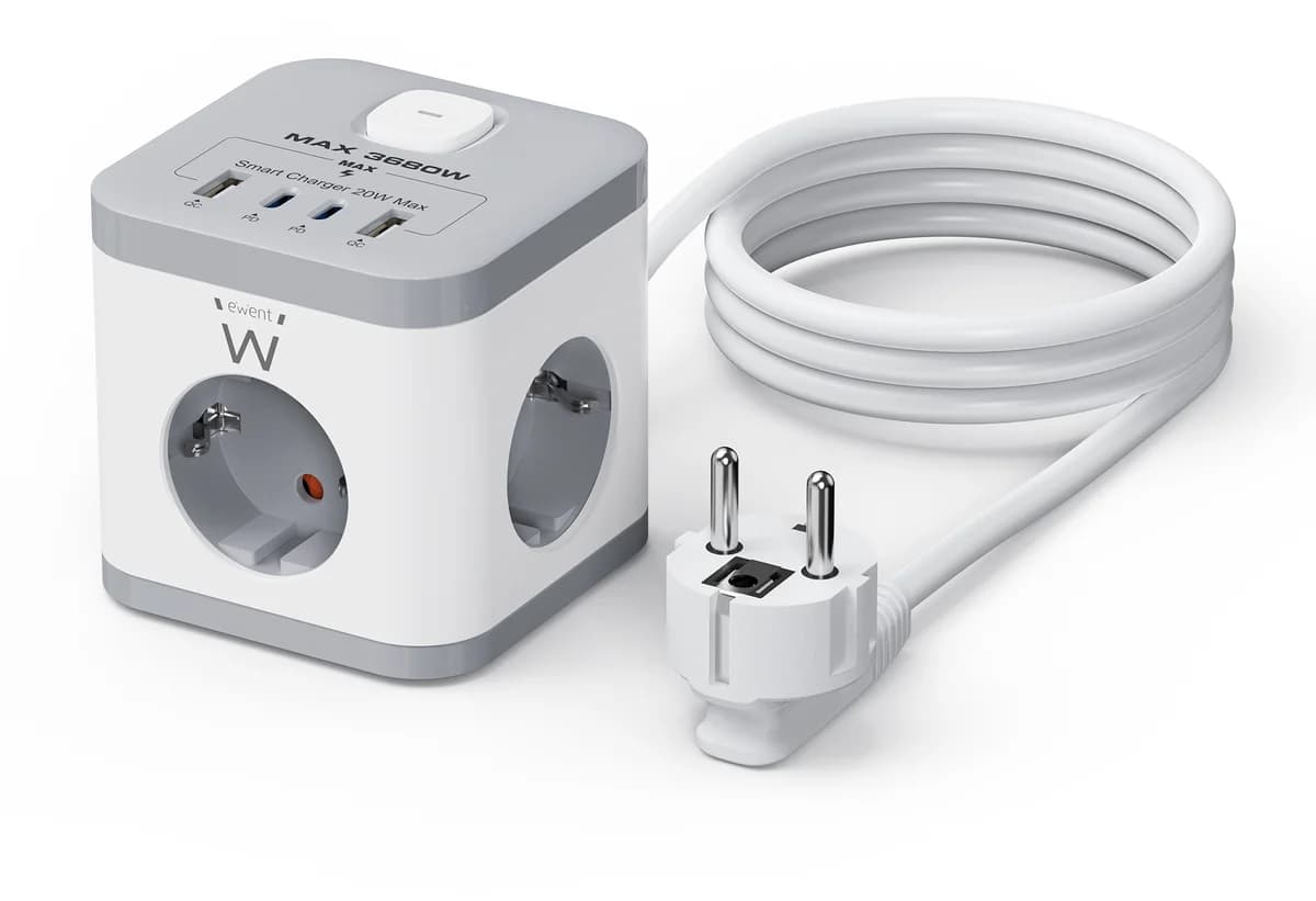 Bloco Tomada Ewent EW3863 Power Tower 3 Tomadas Schuko 16A + 2 USB-A + 2 USB-C 2m Branca/Cinza