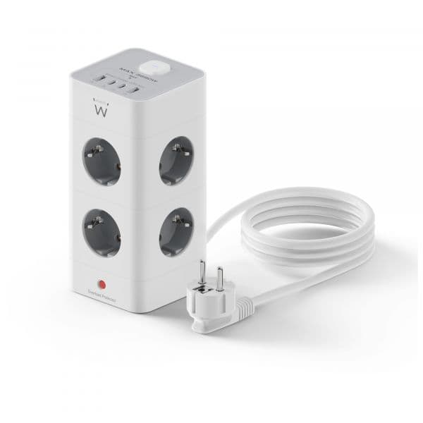 EWENT EW3864 Bloco de Tomadas Torre 8 Tomadas Schuko, 2x USB-A, 2x USB-C PD/QC 3.0, 2m