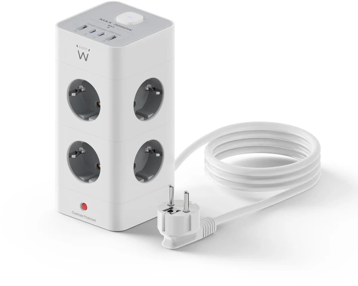 EWENT EW3864 Bloco de Tomadas Torre 8 Tomadas Schuko, 2x USB-A, 2x USB-C PD/QC 3.0, 2m