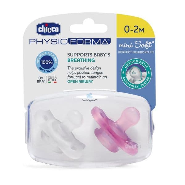 Chicco Chupeta Silicone Physio Forma Mini Soft 0-2m 2 Unidades Rosa/Neutro