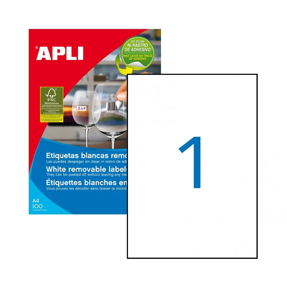 Apli Etiquetas Removíveis 100 Fls A4 210x297 100 uds.